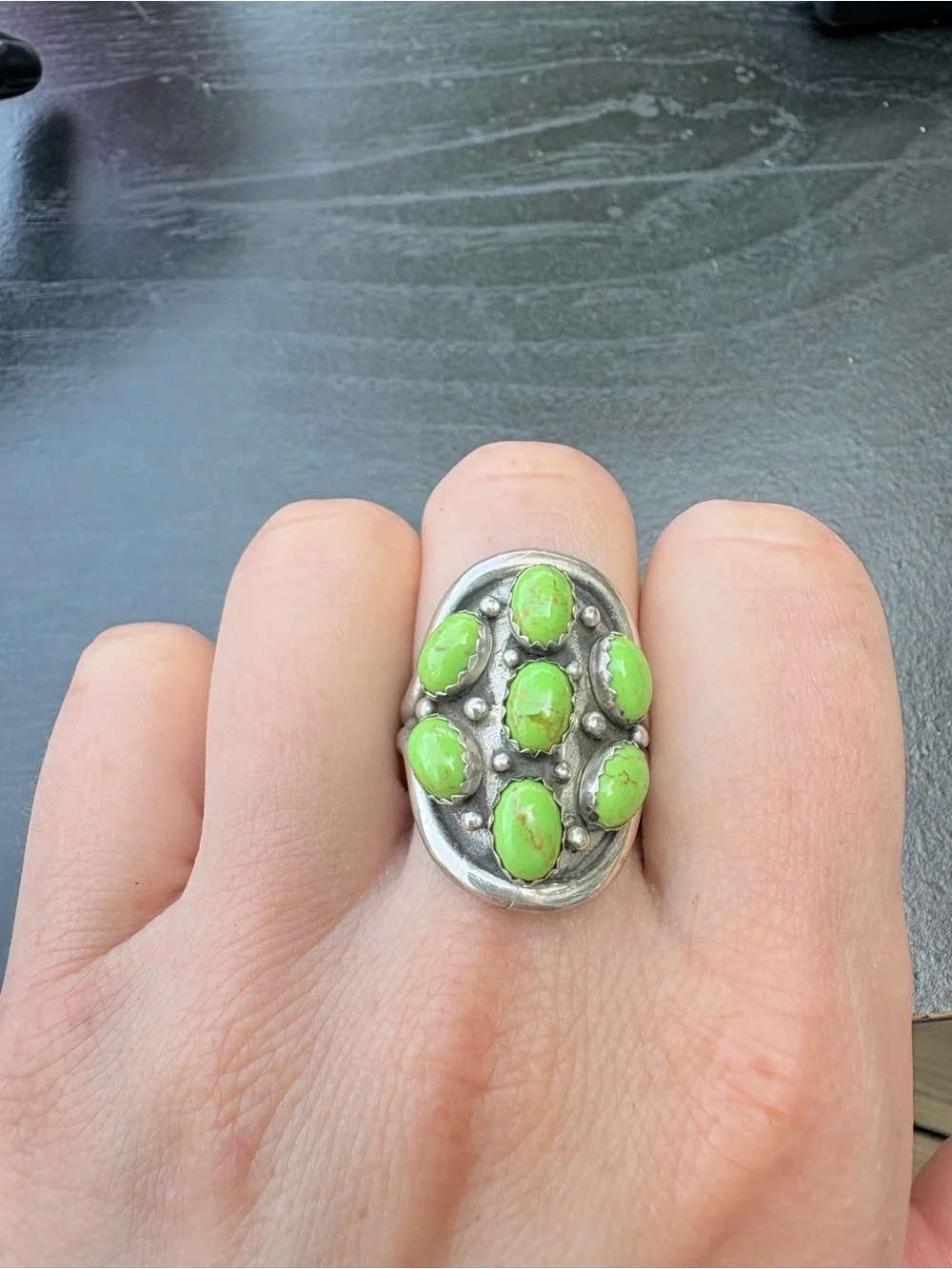 Vintage Sterling Silver Green Turquoise Cluster Ring  - Size 8.25